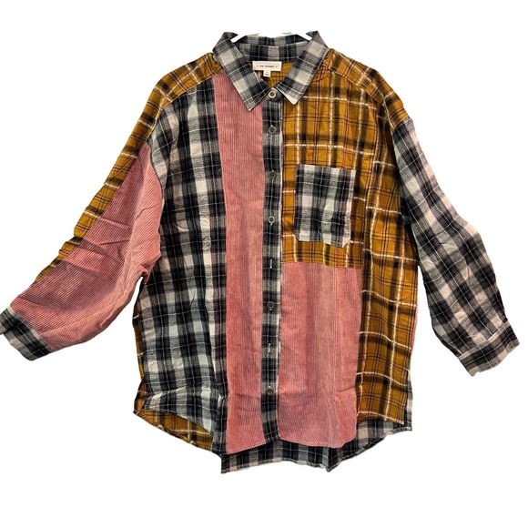 ee:some Tops - ee:some Mixed Material Flannel Shirt Sz 1x Cotton Long Sleeve Button Up Shacket